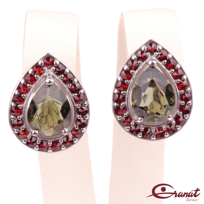 Náušnice Orchidej - Stříbrné náušnice s vltavínem a granáty