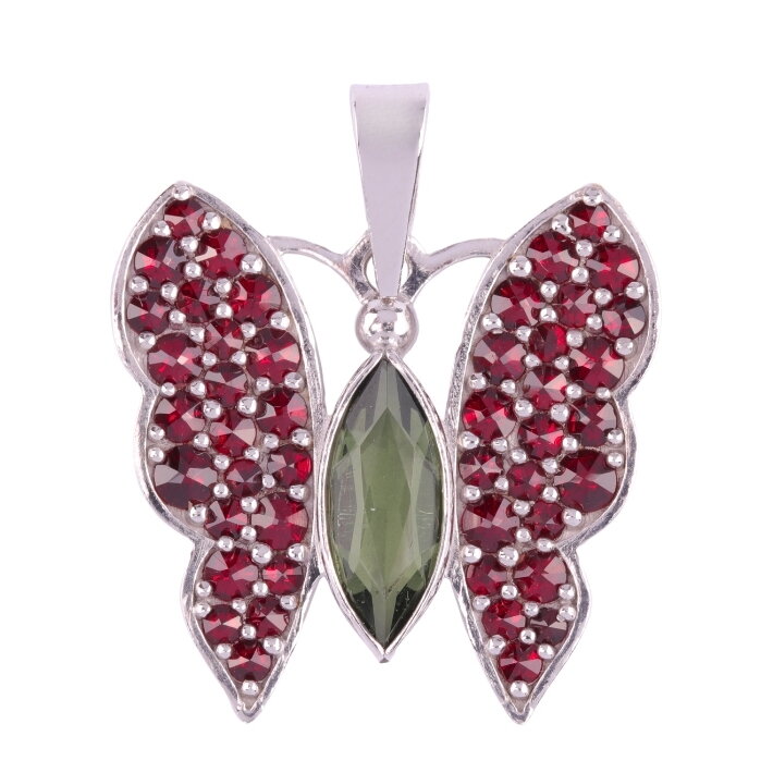 Přívěsek Motýl - Stříbrný přívěsek s broušeným vltavínem a českými granáty