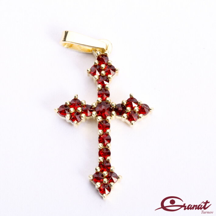 Přívěsek Křížek střední - Zlatý přívěsek s českými granáty